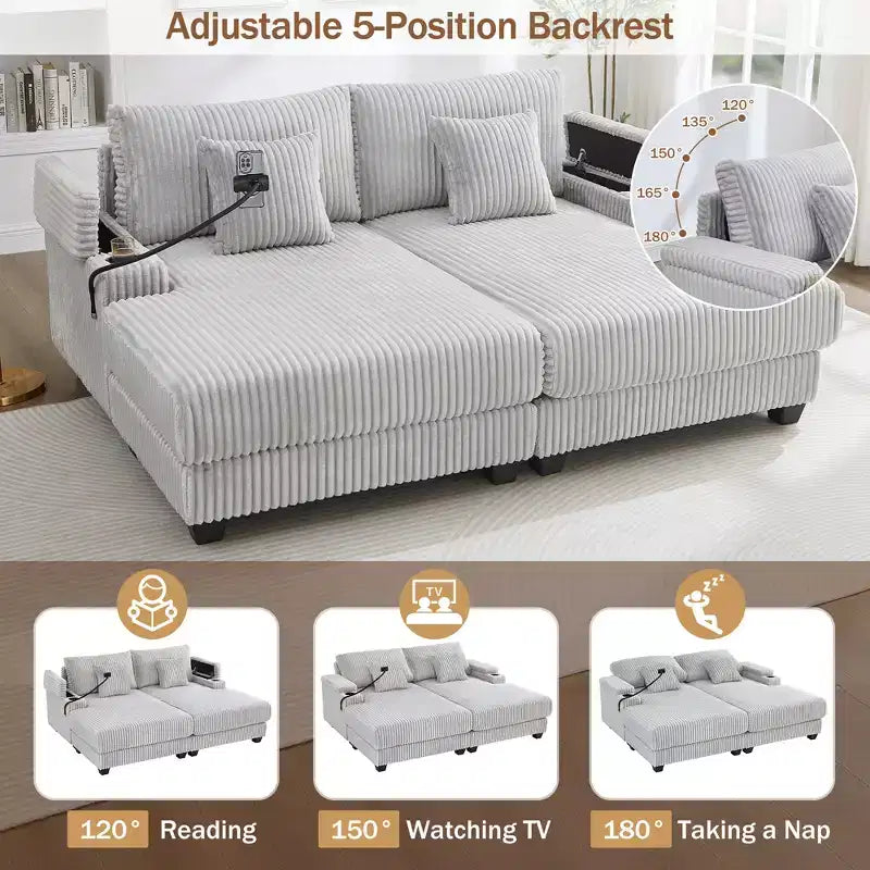 Canapé méridienne moderne en velours côtelé Whisen 75,5 pouces avec dossier réglable sur 5 positions, accoudoirs de rangement, porte-gobelets, support de téléphone