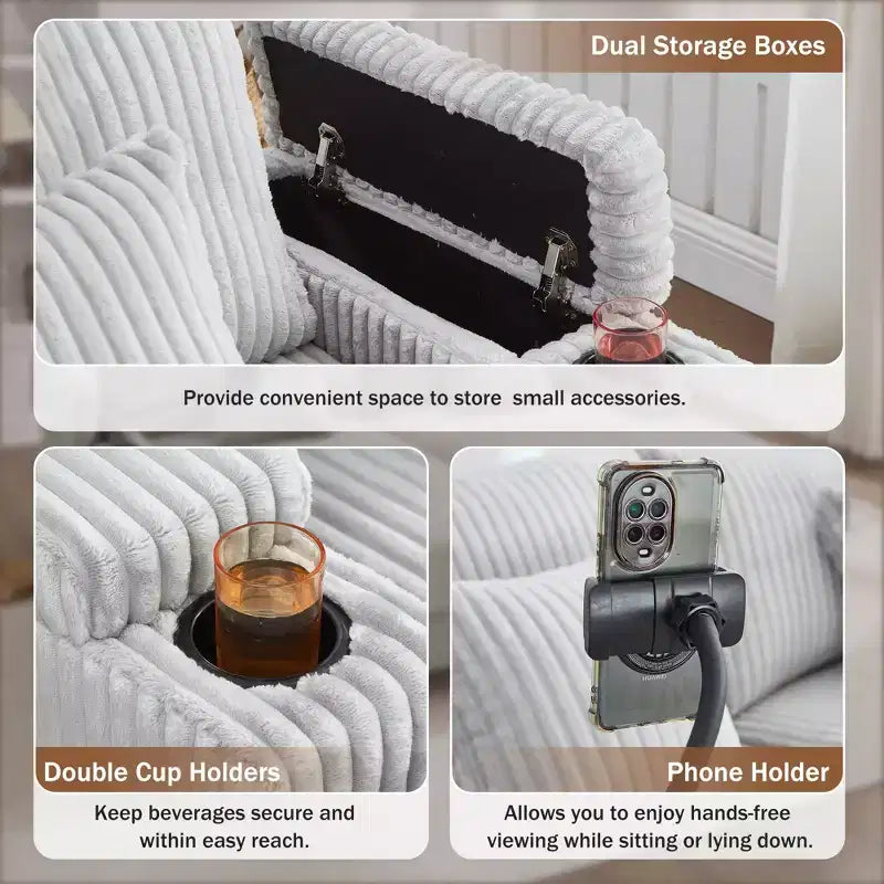 Canapé méridienne moderne en velours côtelé Whisen 75,5 pouces avec dossier réglable sur 5 positions, accoudoirs de rangement, porte-gobelets, support de téléphone