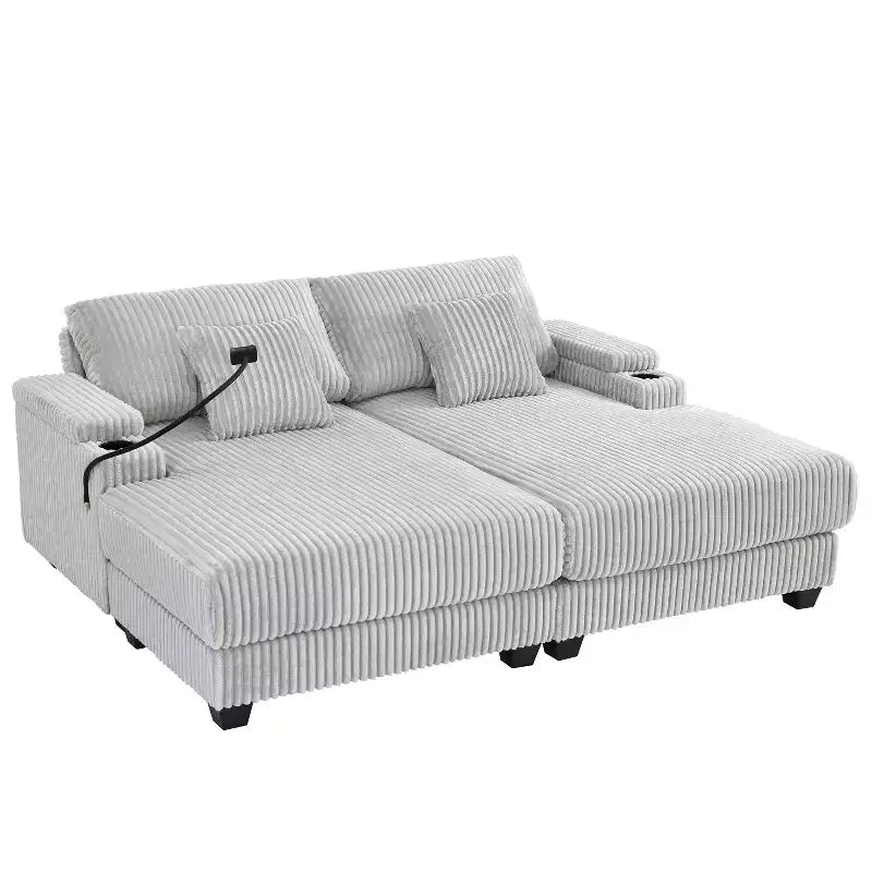 Canapé méridienne moderne en velours côtelé Whisen 75,5 pouces avec dossier réglable sur 5 positions, accoudoirs de rangement, porte-gobelets, support de téléphone