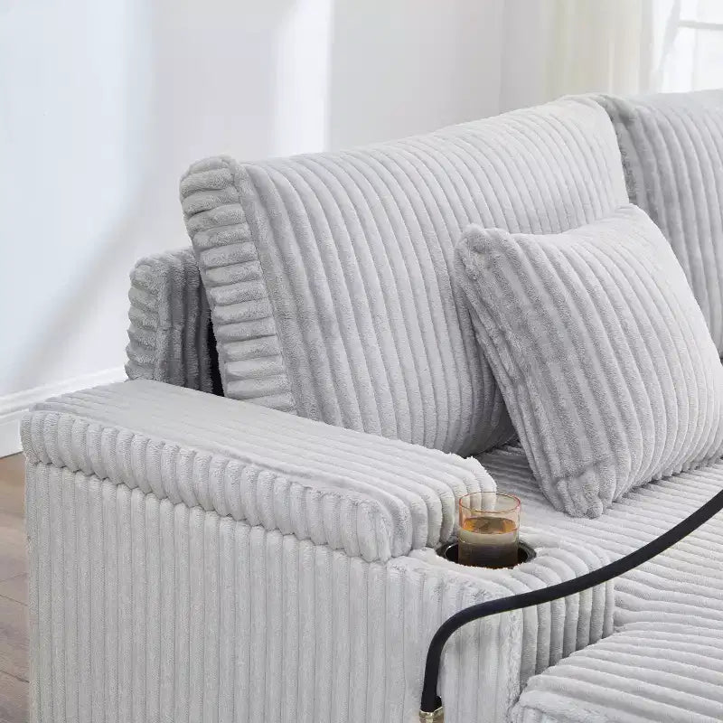 Canapé méridienne moderne en velours côtelé Whisen 75,5 pouces avec dossier réglable sur 5 positions, accoudoirs de rangement, porte-gobelets, support de téléphone