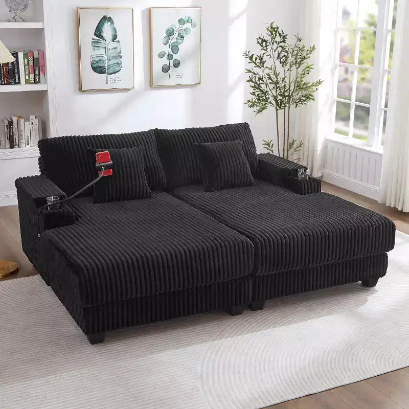 Whisen 75.5inch Modern Corduroy Chaise Lounge Sofa with 5-Position Adjustable Backrest, Storage Armrests, Cup Holders, Phone Holder