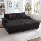 Whisen 75.5inch Modern Corduroy Chaise Lounge Sofa with 5-Position Adjustable Backrest, Storage Armrests, Cup Holders, Phone Holder