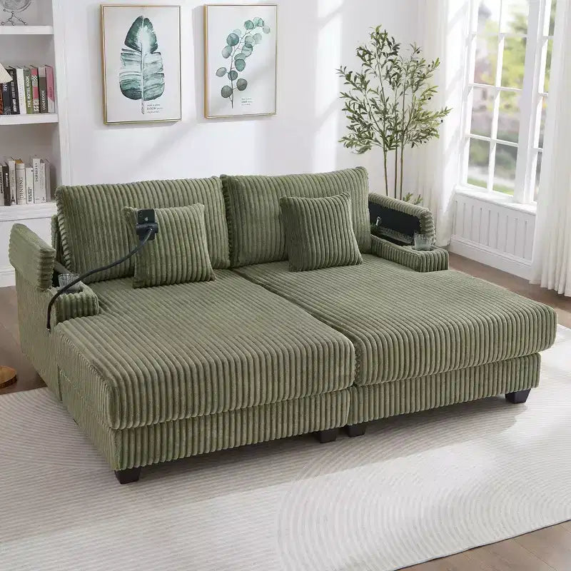 Whisen 75.5inch Modern Corduroy Chaise Lounge Sofa with 5-Position Adjustable Backrest, Storage Armrests, Cup Holders, Phone Holder