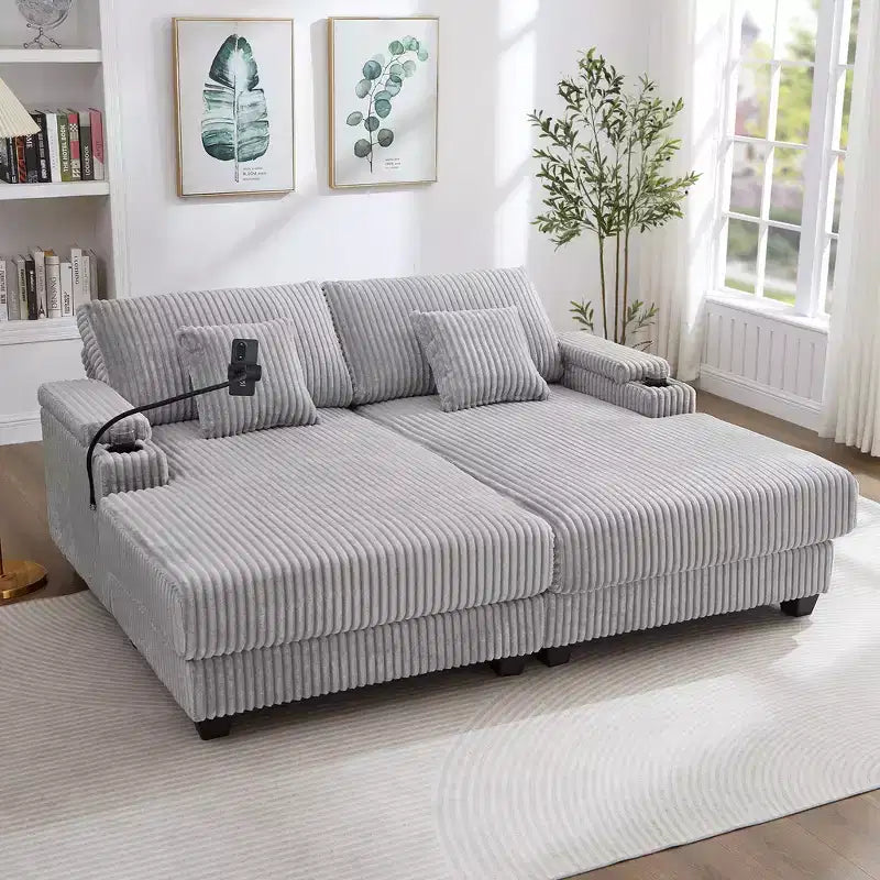 Whisen 75.5inch Modern Corduroy Chaise Lounge Sofa with 5-Position Adjustable Backrest, Storage Armrests, Cup Holders, Phone Holder