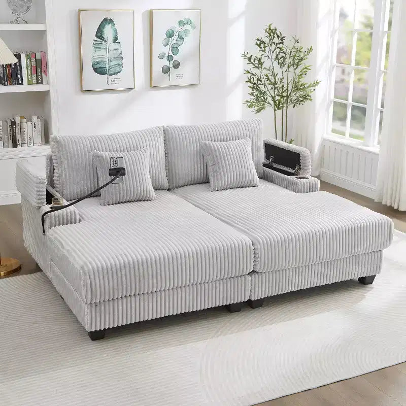 Whisen 75.5inch Modern Corduroy Chaise Lounge Sofa with 5-Position Adjustable Backrest, Storage Armrests, Cup Holders, Phone Holder