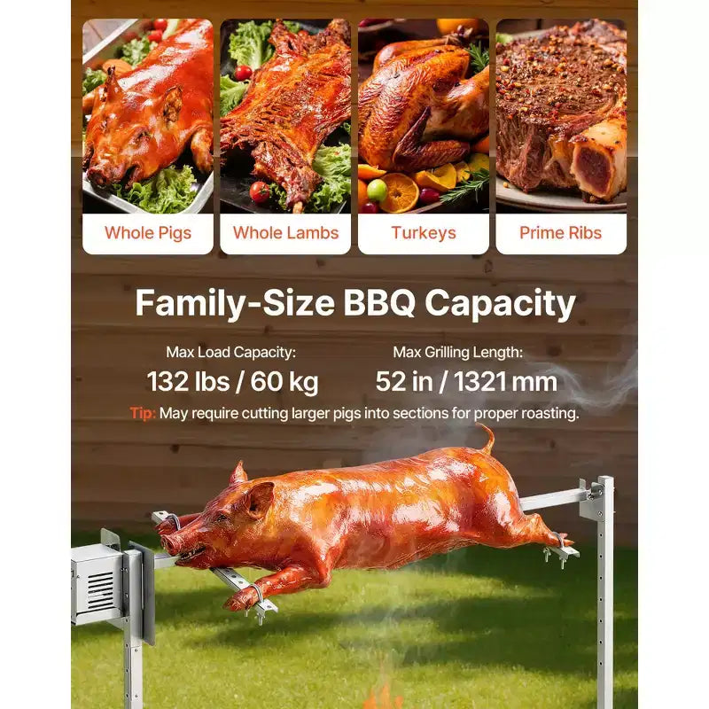 Rôtissoire VEVOR, kit de rôtissoire électrique AC120V à 8 niveaux de hauteur, kit de rôtisserie pour barbecue avec capacité de charge de 60 kg, moteur de 38W, argent