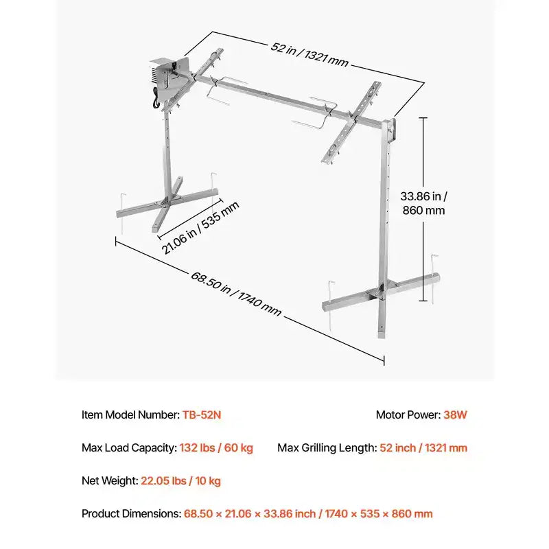 Rôtissoire VEVOR, kit de rôtissoire électrique AC120V à 8 niveaux de hauteur, kit de rôtisserie pour barbecue avec capacité de charge de 60 kg, moteur de 38W, argent