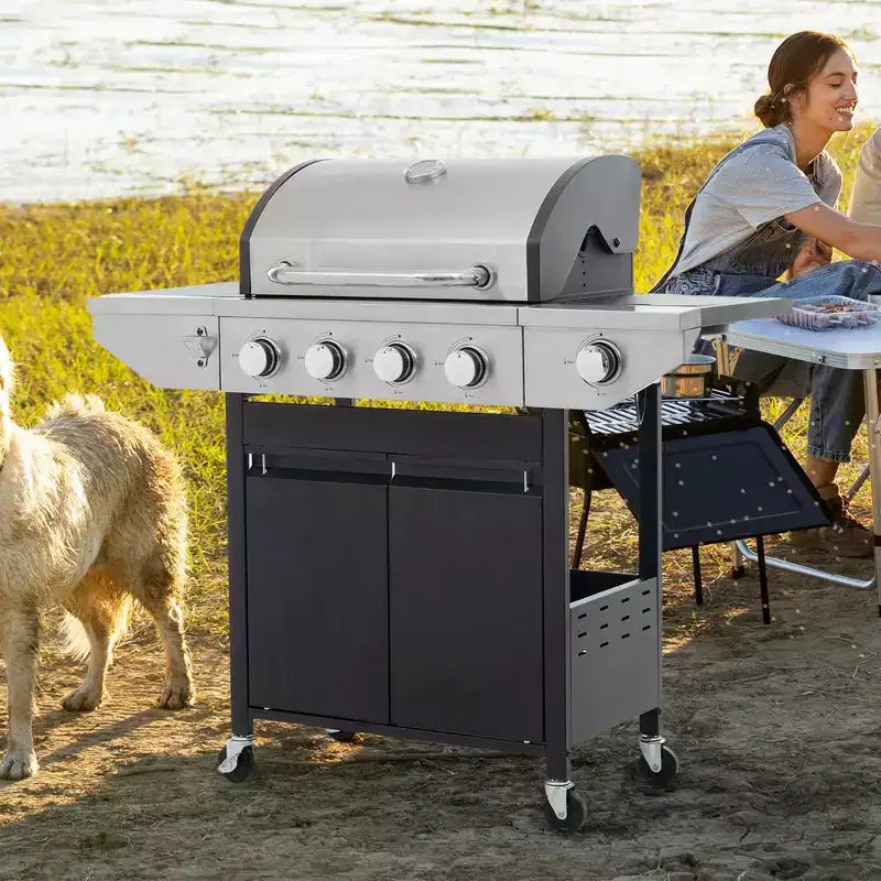 Propane Grill 4 Burner Barbecue Grill Stainless Steel Gas Grill with Side Burner and Thermometer for Outdoor BBQ, Camping