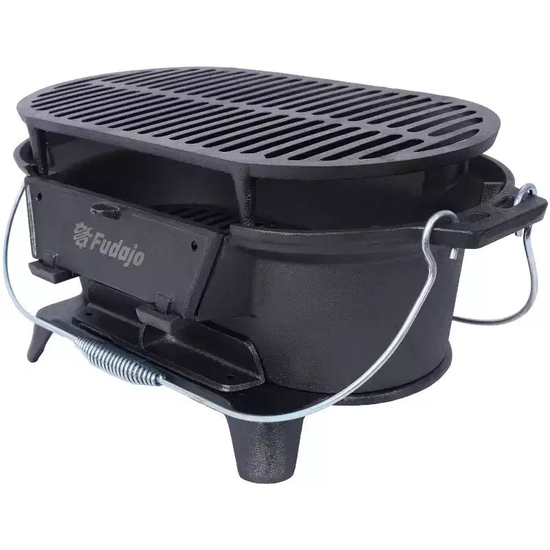 Oval Cast Iron Grill Outdoor, Portable Charcoal Grill and Tabletop Cast Iron Skillet - 100% Cast Iron, Durable, Small Charcoal Grill, Camping Stove