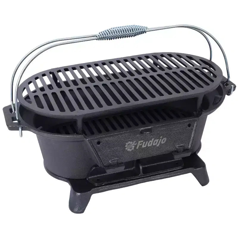 Oval Cast Iron Grill Outdoor, Portable Charcoal Grill and Tabletop Cast Iron Skillet - 100% Cast Iron, Durable, Small Charcoal Grill, Camping Stove