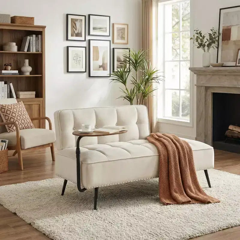 FurnitureR Modern Sofa with 360 Swivel Side Table, Tufted Velvet Sofa with Movable Side Table, Mid-Century Loveseat for Living Room Bedroom Entryway