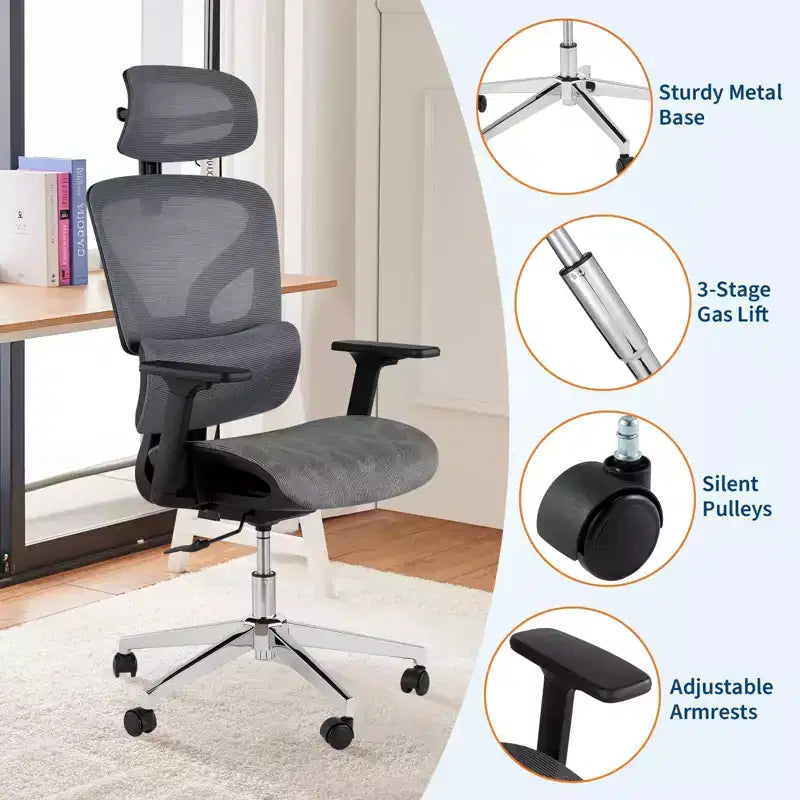 Mesh Ergonomic Office Chair with 4D Armrests Dynamic Lumbar High Back Recline Slide Seat Headrest Silent Wheels for Home Study Gaming