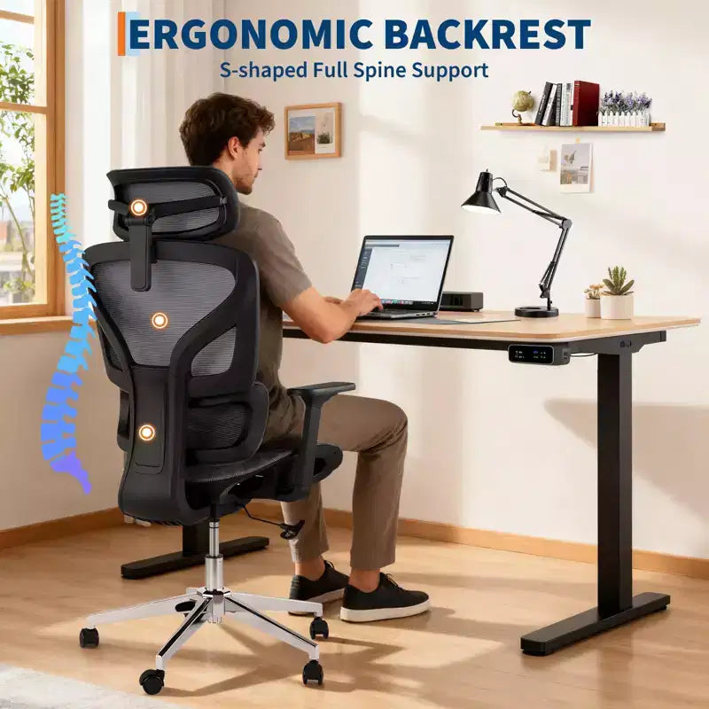 Mesh Ergonomic Office Chair with 4D Armrests Dynamic Lumbar High Back Recline Slide Seat Headrest Silent Wheels for Home Study Gaming