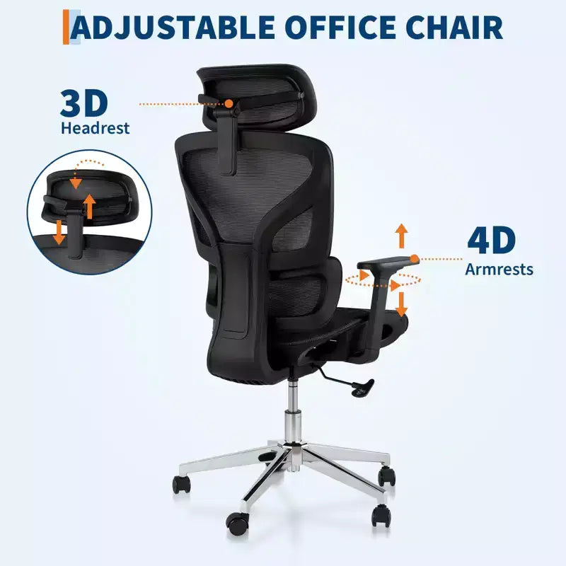 Mesh Ergonomic Office Chair with 4D Armrests Dynamic Lumbar High Back Recline Slide Seat Headrest Silent Wheels for Home Study Gaming