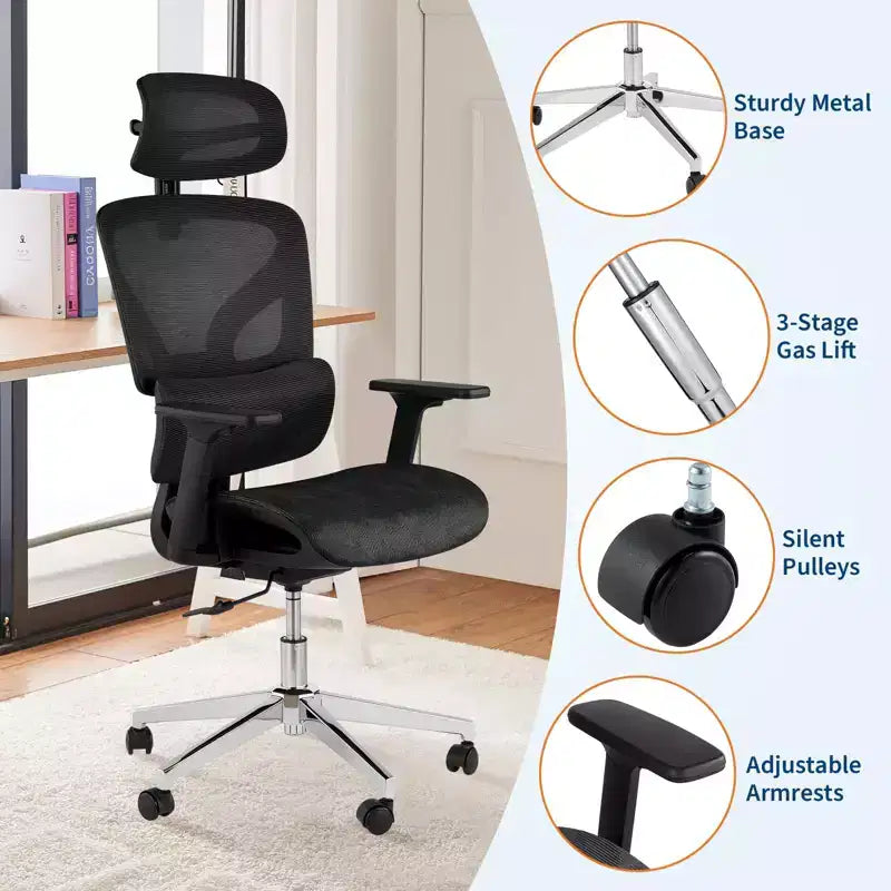 Mesh Ergonomic Office Chair with 4D Armrests Dynamic Lumbar High Back Recline Slide Seat Headrest Silent Wheels for Home Study Gaming