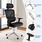 Mesh Ergonomic Office Chair with 4D Armrests Dynamic Lumbar High Back Recline Slide Seat Headrest Silent Wheels for Home Study Gaming