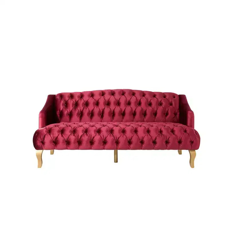 Whisen Mid-Century Modern Velvet Sofa Button Tufted 3-Seater Couch with Curved Wood Legs
