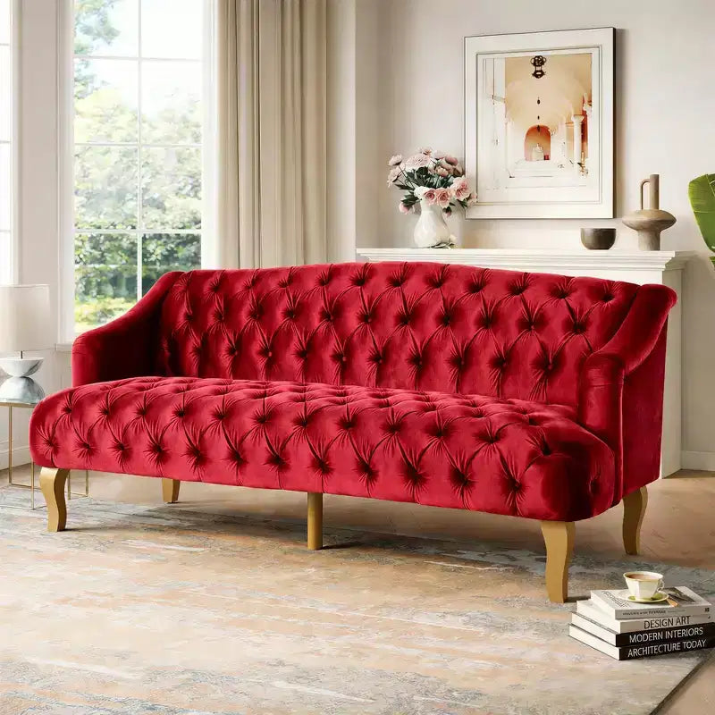Whisen Mid-Century Modern Velvet Sofa Button Tufted 3-Seater Couch with Curved Wood Legs