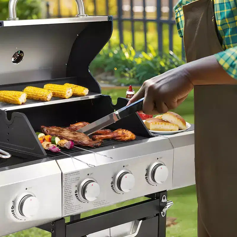 Barbecue au propane à 3 brûleurs en acier inoxydable avec brûleur latéral et housse pour barbecue extérieur, camping