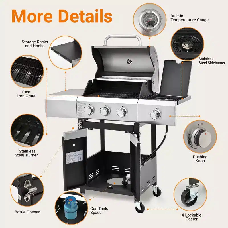Barbecue au propane à 3 brûleurs en acier inoxydable avec brûleur latéral et housse pour barbecue extérieur, camping