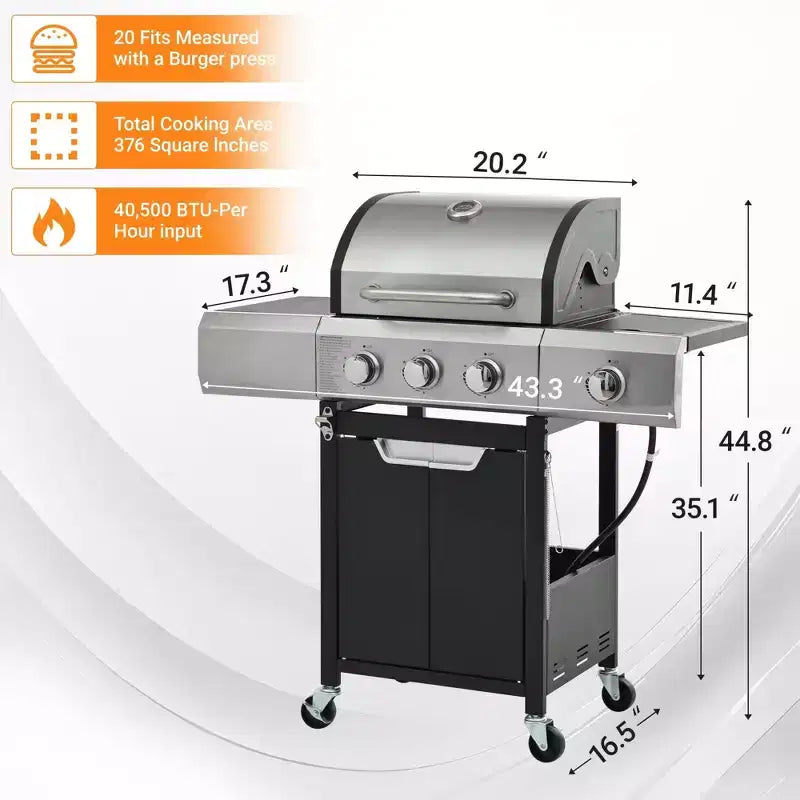 Barbecue au propane à 3 brûleurs en acier inoxydable avec brûleur latéral et housse pour barbecue extérieur, camping