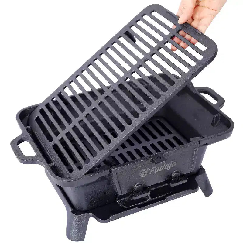 Oval Cast Iron Grill Outdoor, Portable Charcoal Grill and Tabletop Cast Iron Skillet - 100% Cast Iron, Durable, Small Charcoal Grill