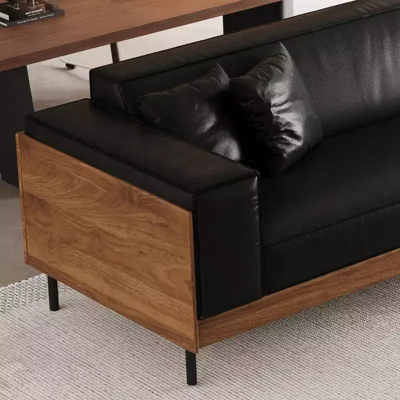 Luck Live Modern Leather Sofa 106.3 Wide with Solid Wood Frame, Metal Legs and 3 Decorative Pillows Black