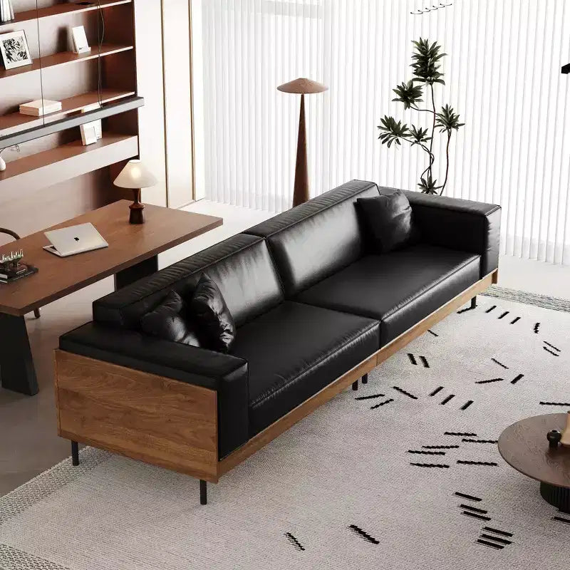 Luck Live Modern Leather Sofa 106.3 Wide with Solid Wood Frame, Metal Legs and 3 Decorative Pillows Black