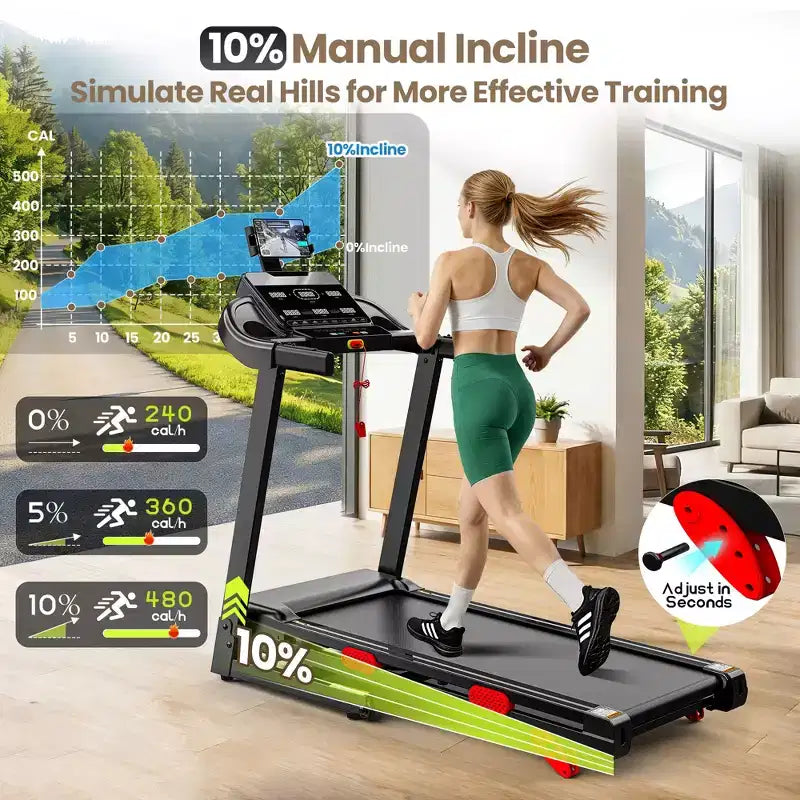 3.5HP 9MPH Treadmill,330LBS Capacity,Folding Home Treadmill w/ Incline&105 Program,Virtual Run w/ APP,Air Damping,Portable Treadmill Jogging Walking