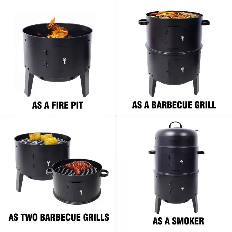 Fumoir à charbon Grills de fumage en bois Barbecue extérieur 16 pouces Fumoir vertical Grill barbecue portable pour le camping, noir