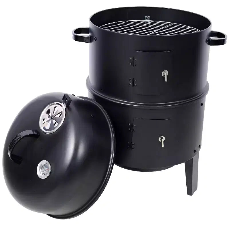 Fumoir à charbon Grills de fumage en bois Barbecue extérieur 16 pouces Fumoir vertical Grill barbecue portable pour le camping, noir