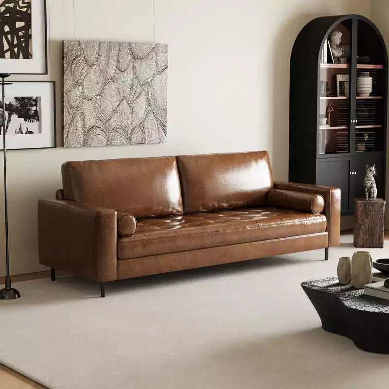 Luck Live Mid-Century Modern 80.31 Vintage High-End Oil-Waxed Leather Sofa with Solid Frame for Living Room