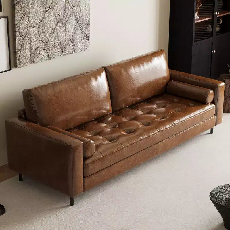 Luck Live Mid-Century Modern 80.31 Vintage High-End Oil-Waxed Leather Sofa with Solid Frame for Living Room