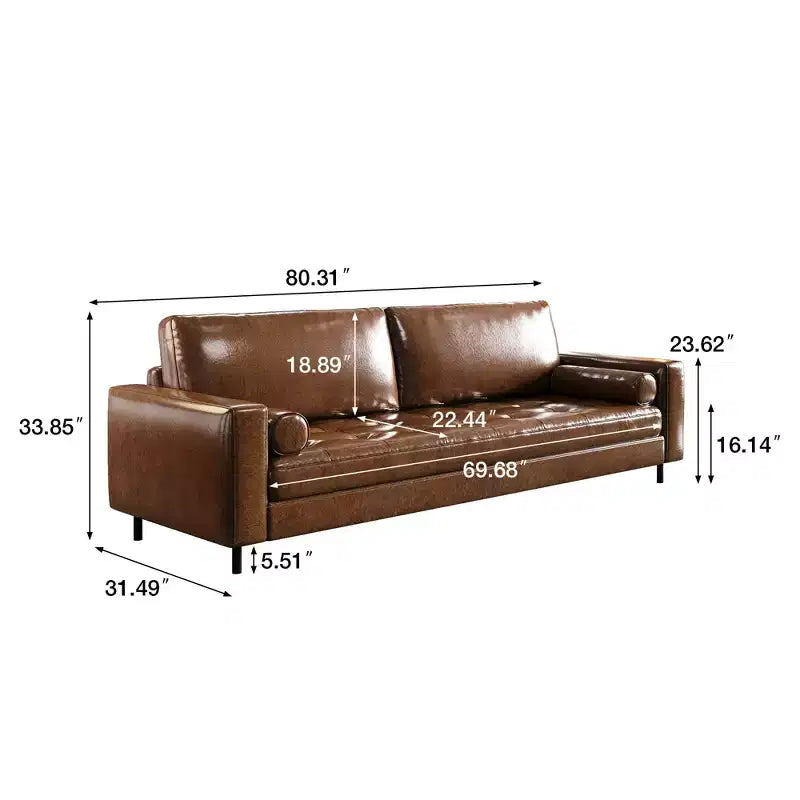 Luck Live Mid-Century Modern 80.31 Vintage High-End Oil-Waxed Leather Sofa with Solid Frame for Living Room