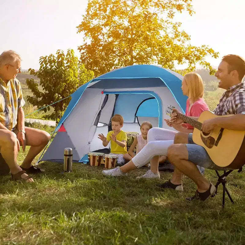 Tente de camping facile à monter pour 4-6 personnes, bleu clair, idéale pour la randonnée, le camping et les voyages en extérieur.