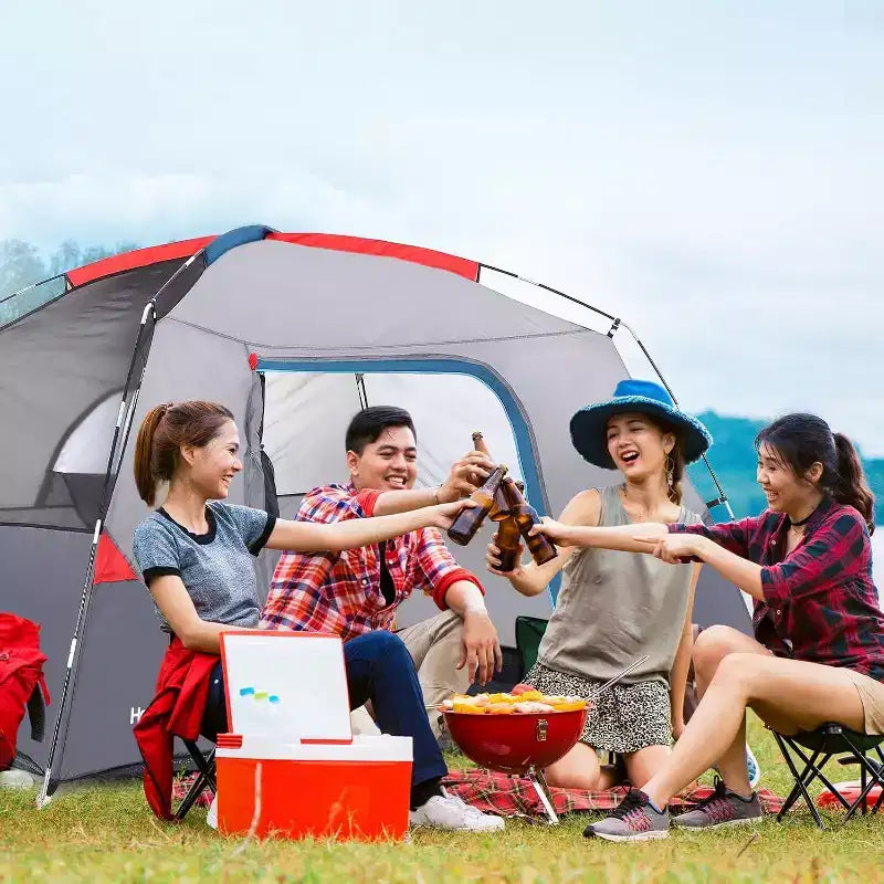 Tente de camping facile à monter pour 4-6 personnes, bleu clair, idéale pour la randonnée, le camping et les voyages en extérieur.