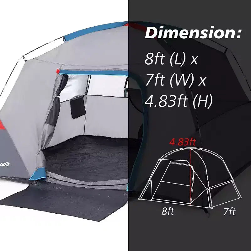 Tente de camping facile à monter pour 4-6 personnes, bleu clair, idéale pour la randonnée, le camping et les voyages en extérieur.