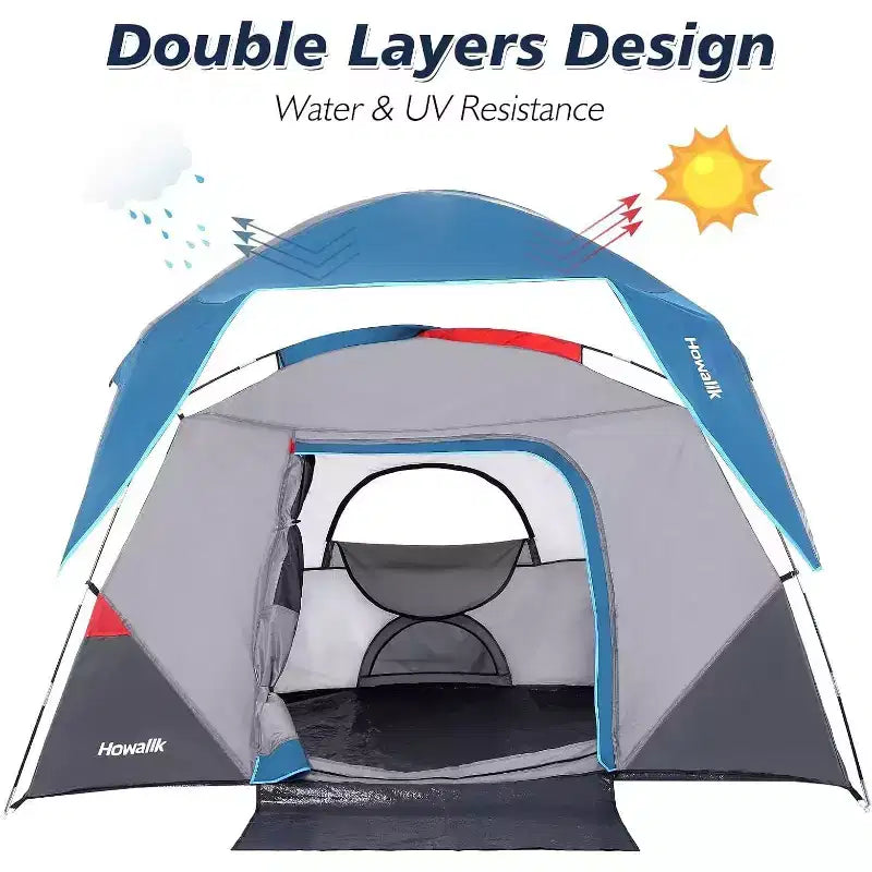Tente de camping facile à monter pour 4-6 personnes, bleu clair, idéale pour la randonnée, le camping et les voyages en extérieur.