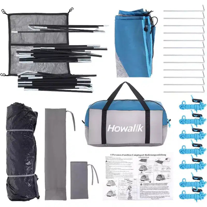 Tente de camping facile à monter pour 4-6 personnes, bleu clair, idéale pour la randonnée, le camping et les voyages en extérieur.
