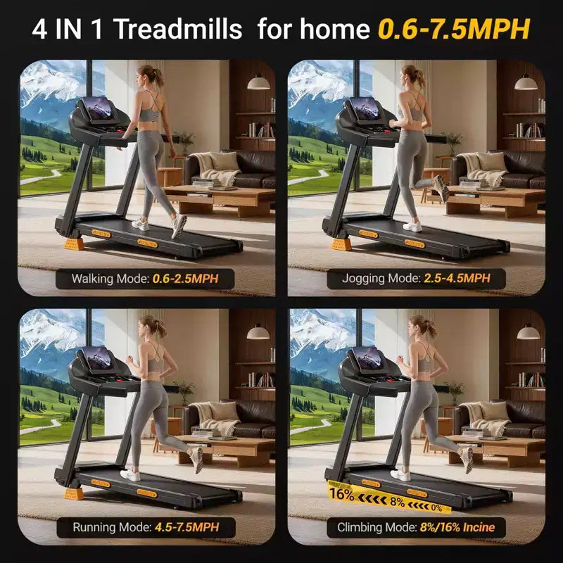 Treadmills for Home with 14% Incline & Led Screen, 3.0HP Quiet Foldable Treadmill with Handle Bar Up to 360lbs Capacity