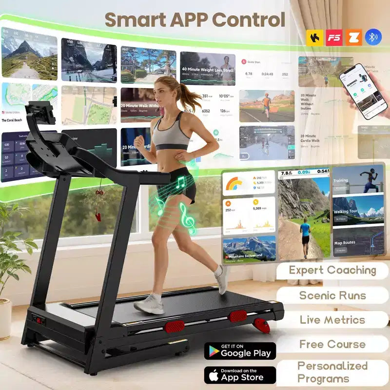 Tapis de course pliable 3,75 CV, inclinaison, vitesse maximale de 16 km/h, capacité de 145 kg, tapis roulant portable pour la marche et le jogging à domicile, 105 programmes, application intelligente, tapis de course d'exercice