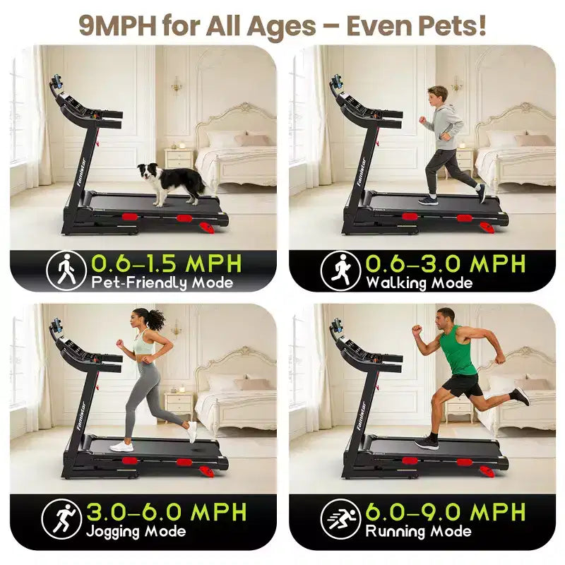 Tapis de course pliable pour la maison avec moteur de 3,75 CV, contrôle par application, haut-parleurs Bluetooth, inclinaison manuelle, capacité de 150 kg