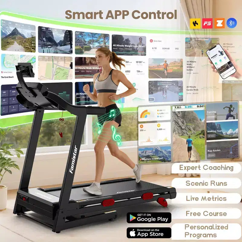 Tapis de course pliable pour la maison avec moteur de 3,75 CV, contrôle par application, haut-parleurs Bluetooth, inclinaison manuelle, capacité de 150 kg