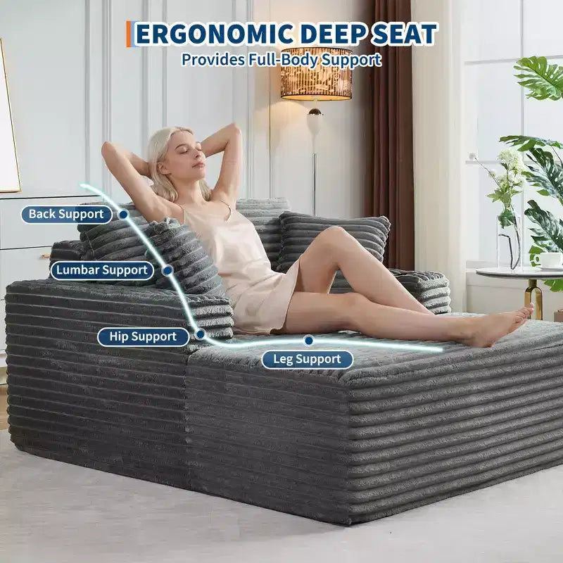 Canapé convertible 64" en velours côtelé avec accoudoir méridienne, porte-gobelets et oreillers, grand canapé confortable en mousse pour salon