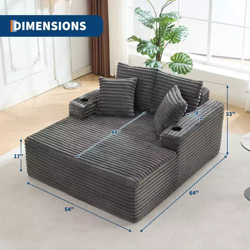 Canapé convertible 64" en velours côtelé avec accoudoir méridienne, porte-gobelets et oreillers, grand canapé confortable en mousse pour salon