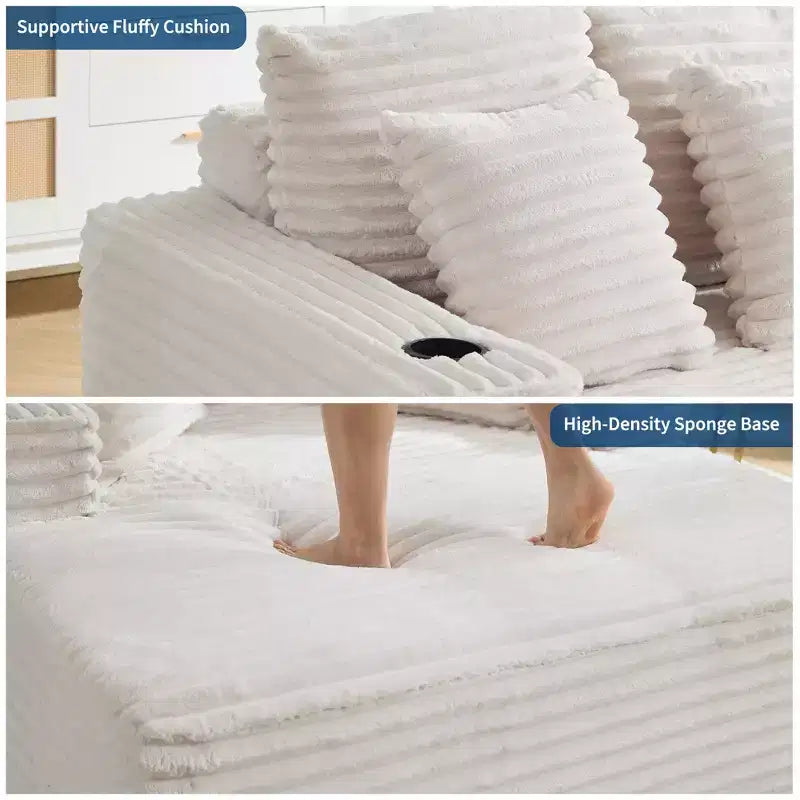 Canapé convertible 64" en velours côtelé avec accoudoir méridienne, porte-gobelets et oreillers, grand canapé confortable en mousse pour salon
