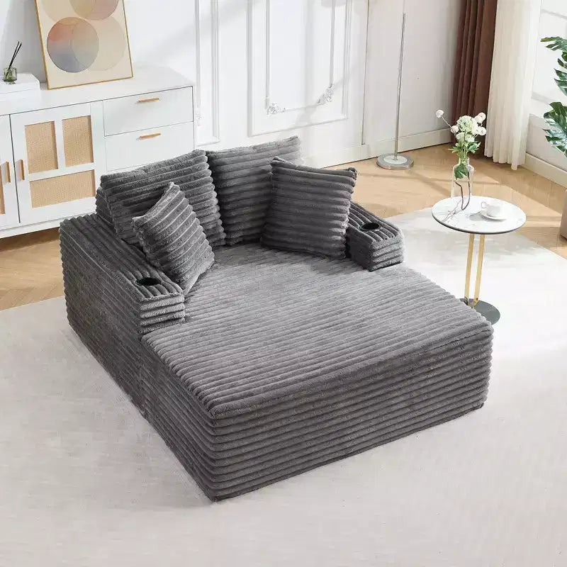 Canapé convertible 64" en velours côtelé avec accoudoir méridienne, porte-gobelets et oreillers, grand canapé confortable en mousse pour salon