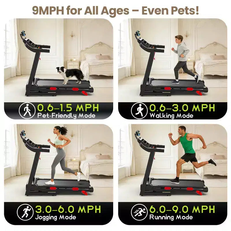 Tapis de course incliné 14,5 km/h, capacité de 150 kg, tapis de course pliable portable pour la maison, moteur 3,5 CV, tapis de course de jogging/marche avec contrôle par application, 105 programmes