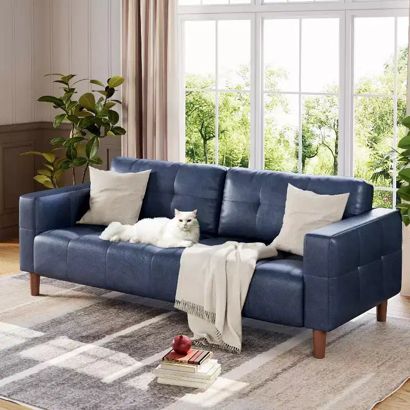 Canapé 3 places moderne en similicuir de 210 cm, canapé profond avec accoudoirs larges, coussins de dossier et 2 oreillers pour le salon et le bureau