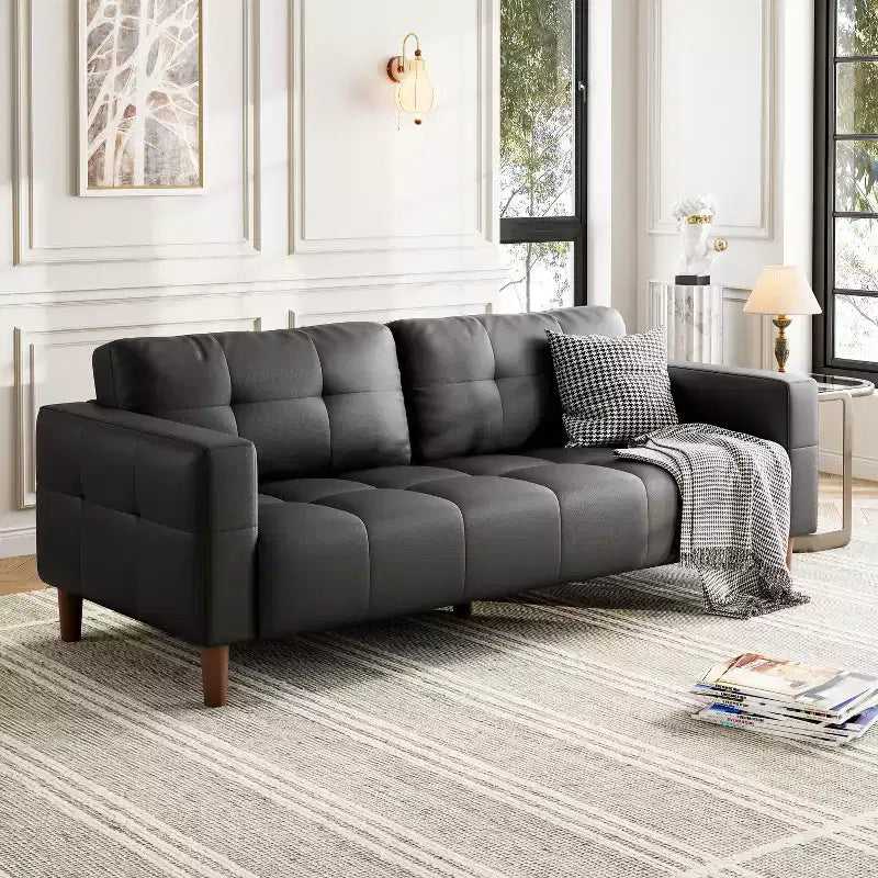 Canapé 3 places moderne en similicuir de 210 cm, canapé profond avec accoudoirs larges, coussins de dossier et 2 oreillers pour le salon et le bureau